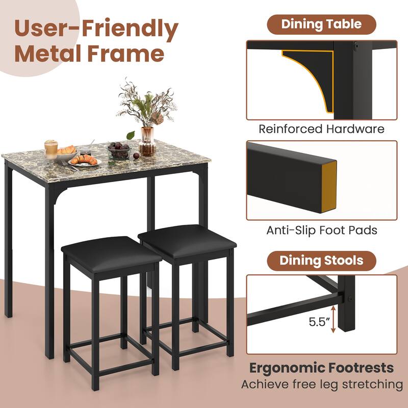 Gymax 3 PCS Counter Height Dining Set Faux Marble Table & 2 Chairs
