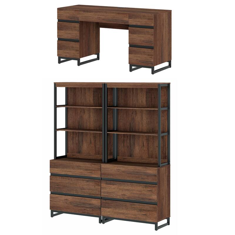 59In Modern Executive Desk With Charging Station & Drawers And 2 PCS 72In Tall BookcasesFor Living Room, Bedroom