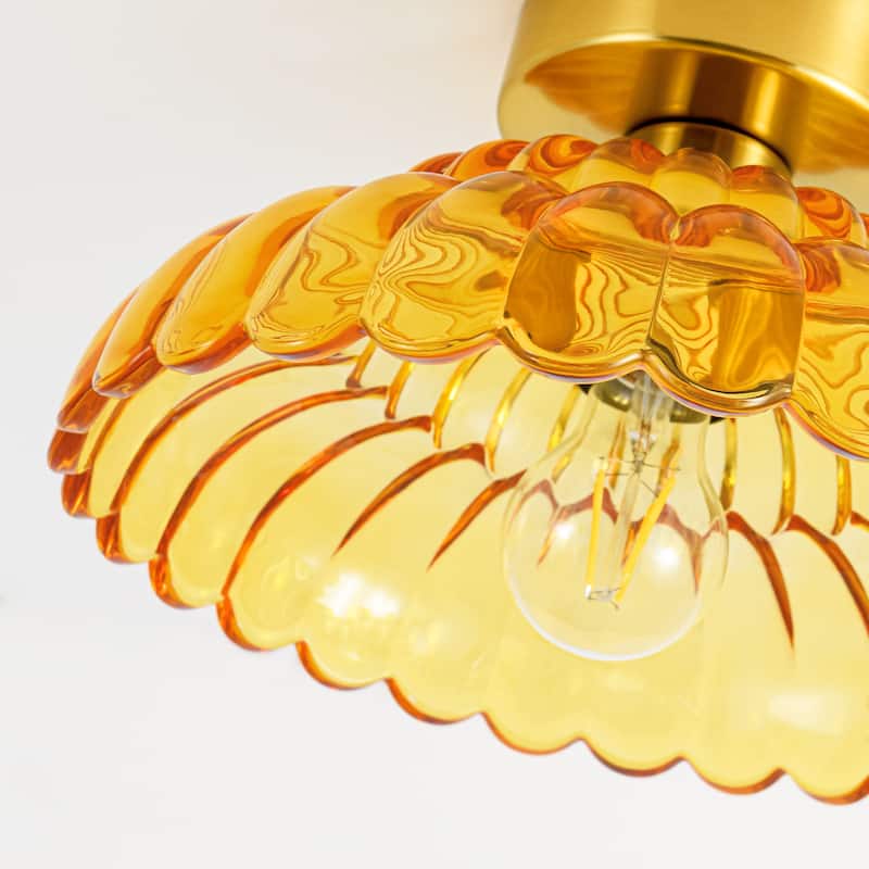 1-Light Vintage Brass Finish Metal Semi-Flush Mount Ceiling Light with Amber/Green/Grey/Clear Glass Shade for Kitchen, Hallway
