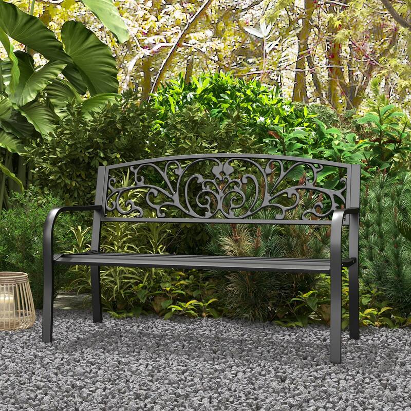 Outsunny 50" Blossoming Pattern Garden Decorative Patio Park Bench with Beautiful Design & Seats for 3 People