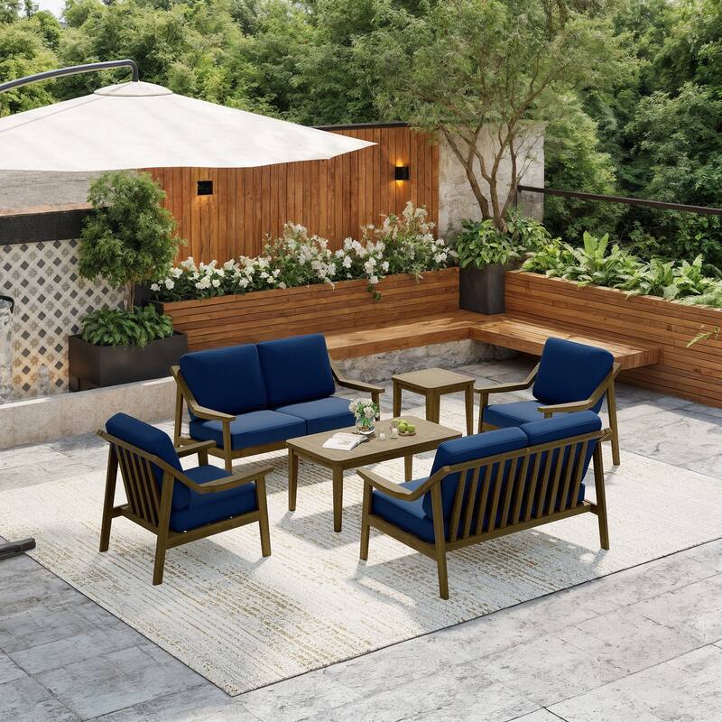 6-piece Wood Patio Chat Set Teak Conversation Set with Cushion