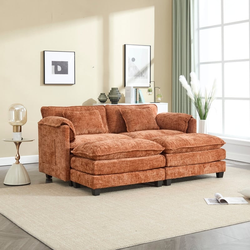 76.77" Chenille Upholstered Sofa with 2 Ottomans
