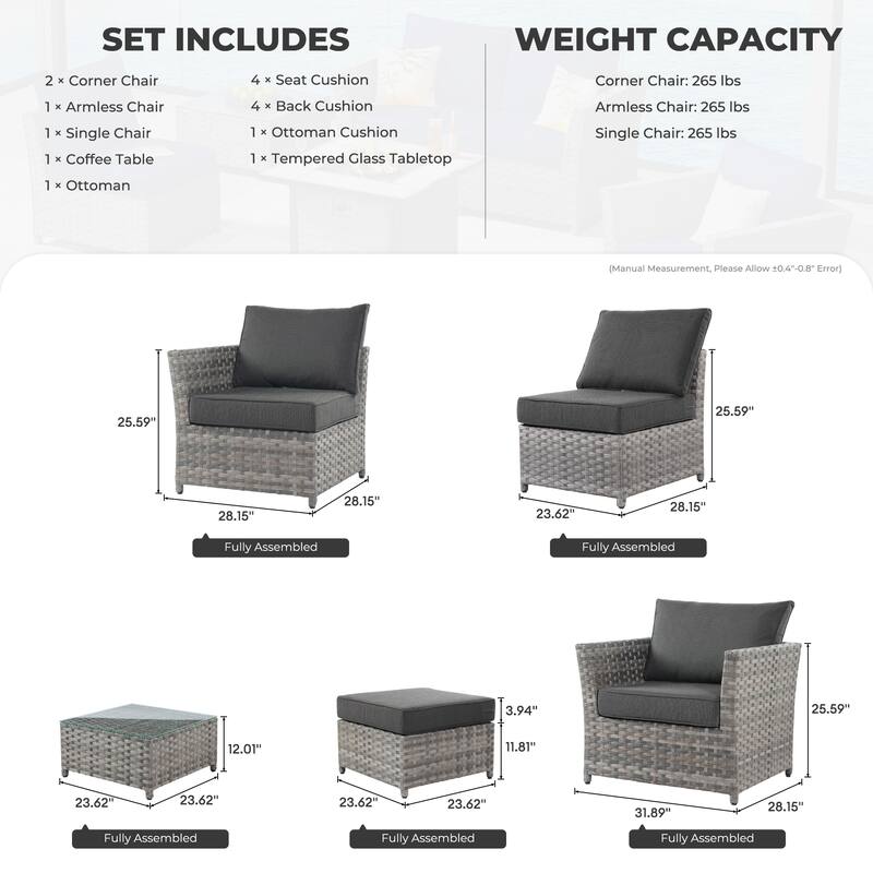 HOOOWOOO 6-piece Grey Rattan Patio Furniture Outdoor Sectional Set with Ottoman