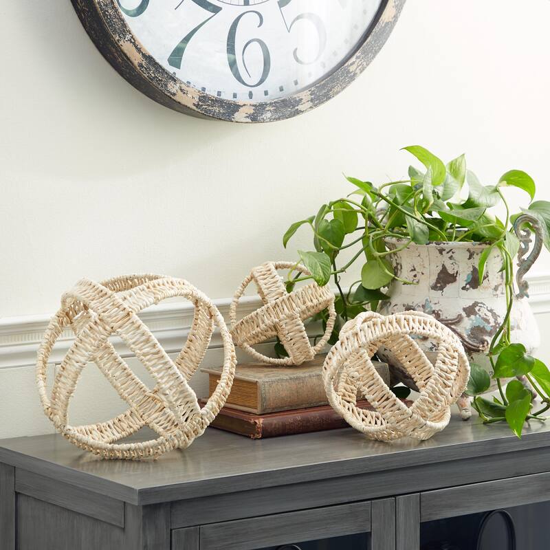 Wood Beaded or Metal Wooven Geometric Handmade Decorative Sculpture - Set of 3 Light Brown, Cream - Roche River Decor