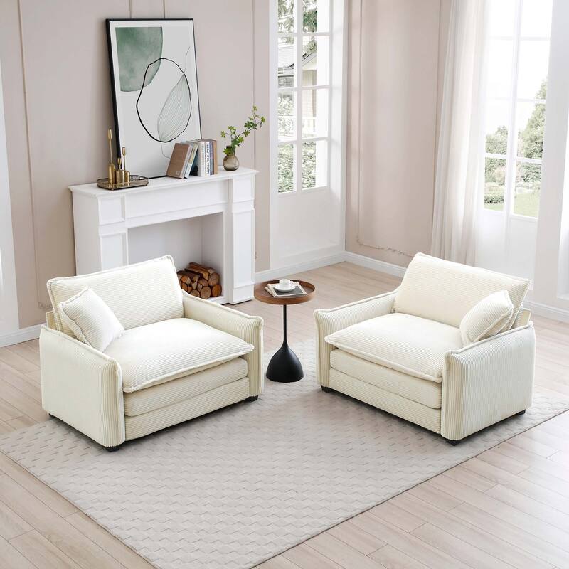 Roomfitters 2-Piece Beige Corduroy Sofa Set, Deep Seated Modular Chairs with Memory Foam & Pillows - Beige