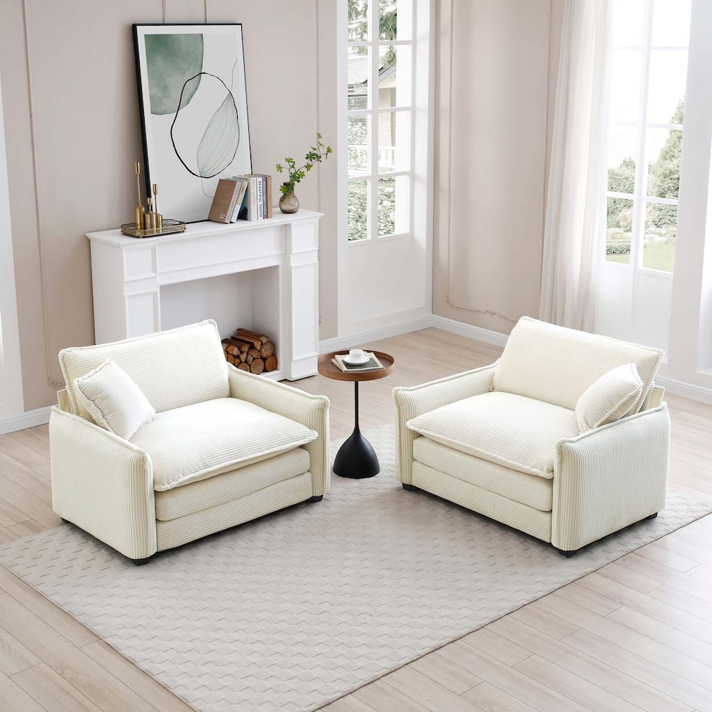 Roomfitters 2-Piece Beige Corduroy Sofa Set, Deep Seated Modular Chairs with Memory Foam & Pillows