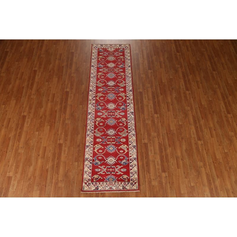 Red Geometric Kazak Oriental Traditional Wool Runner Rug Hand-knotted - 2'8" x 9'8"