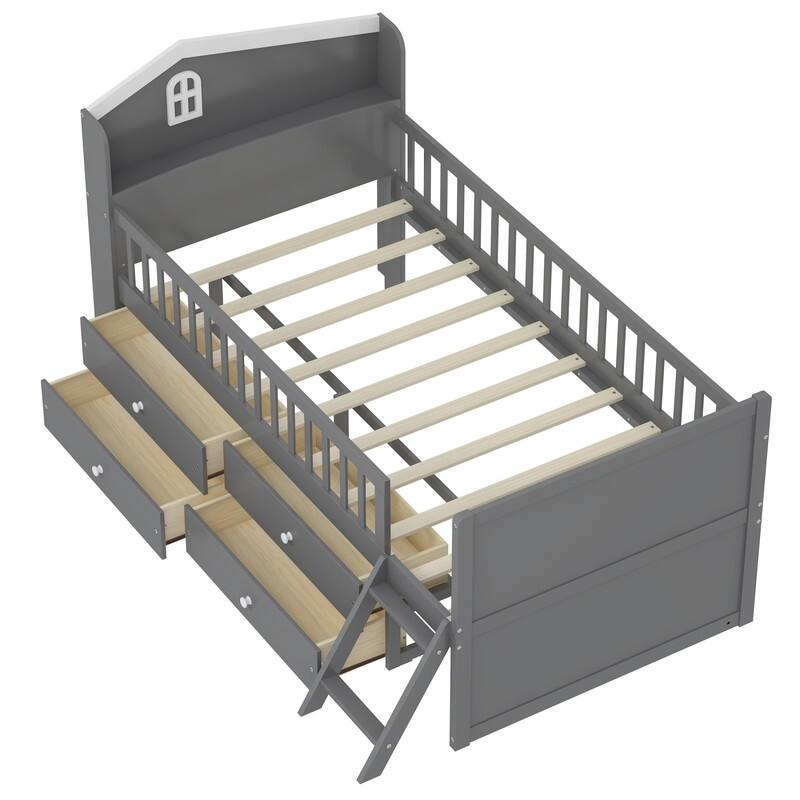 Twin Size Kids House Bed Frame with Storage Headboard and 4 Drawers, Wooden Platform Bed with Guardrail and Small Ladder