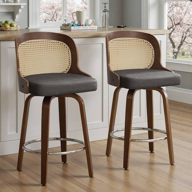 26" Upholstered Swivel Counter & Bar Stool with Rattan Back - 37.4"H x 19.09"W x 19.88"D