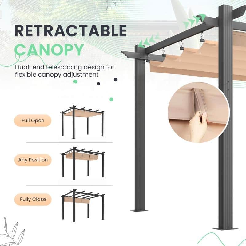 EROMMY 10' x 13' Outdoor Pergola with Retractable Canopy, Heavy-Duty Metal Frame and Adjustable Patio Shade Roof