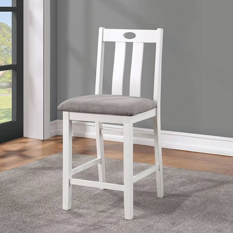 Solid wood 5pc Counter Height Dining Set Table 4x Chairs Linen Like Fabric Cushions Seats Chairs Dining Room - White+Grey