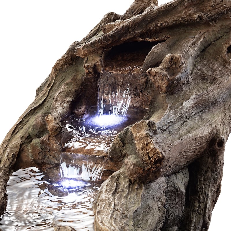 Alpine Corporation TZL242 80" Brown and Gray Indoor Outdoor Wood River Log Water Fountain with LED Lights