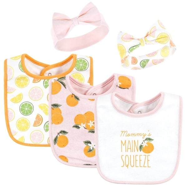 slide 1 of 1, Hudson Baby Infant Girl Cotton Bib and Headband or Caps Set, Citrus Orange, One Size - Citrus Orange - One Size One Size - Citrus Orange