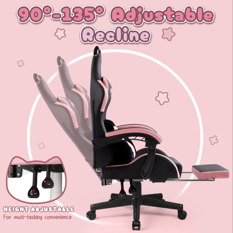 BOSSIN Gaming Chair with Cat Ears and Cat Paw Cushion Pillow,Cute Kawaii Reclining Computer Chair for Girl with Footrest