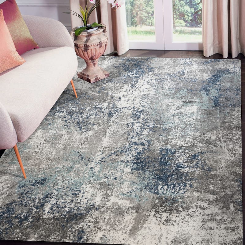 Yamanu Deva Blue/Gray Abstract Polyester Area Rug