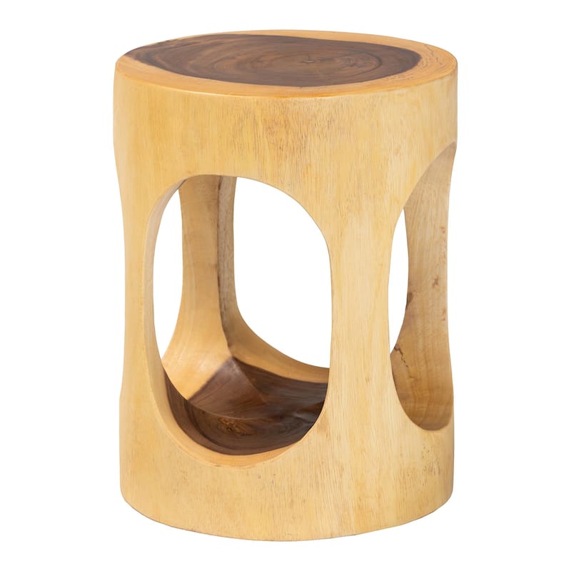 Kaseko Hand-carved Suar Wood Side Table - Sculptural Accent Table with Open Work Design, Boho Style for Living Room or Bedroom - Natural Brown
