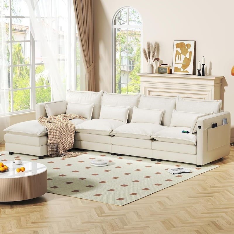 Modular Sectional Sofa L Shaped Couch, 3/4 Seat Sofa Set with Ottoman, Chenille Fabric - Beige-5 Pieces