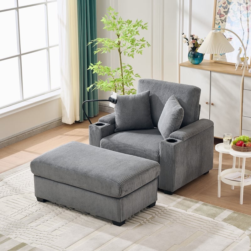 55"Oversized Chaise Lounge Chair with Ottoman and Storage,Sleeper Chair with Cup Holder,Mobile Phone Stand&USB Charging Port