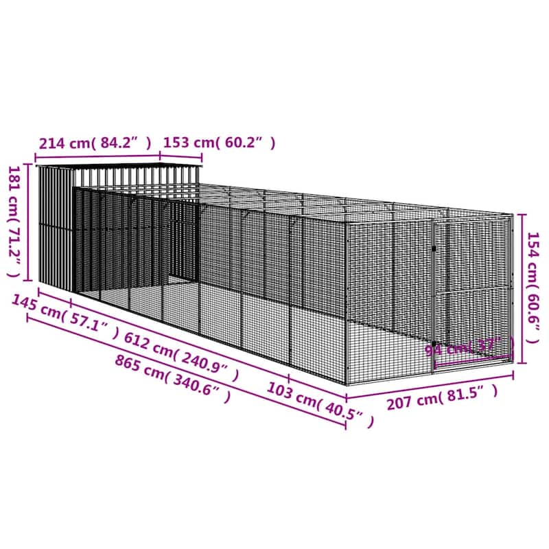 vidaXL Dog House with Run Light Gray/Anthracite multisize Galvanized Steel - 84.3" x 340.6" x 71.3" - Anthracite