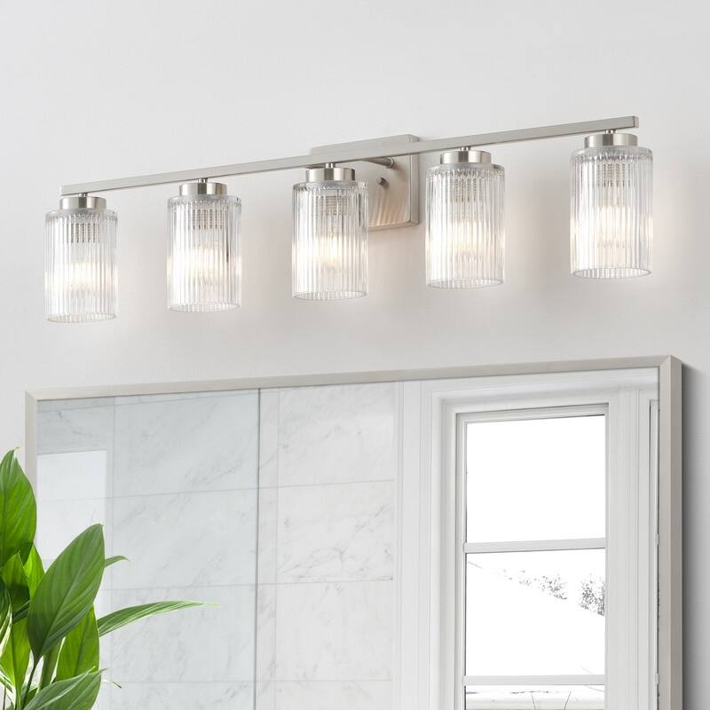 KAWOTI Modern Vanity Light with Cylinder Ribbed Glass Shade - 5-Light(W35.5") - Brushed Nickel