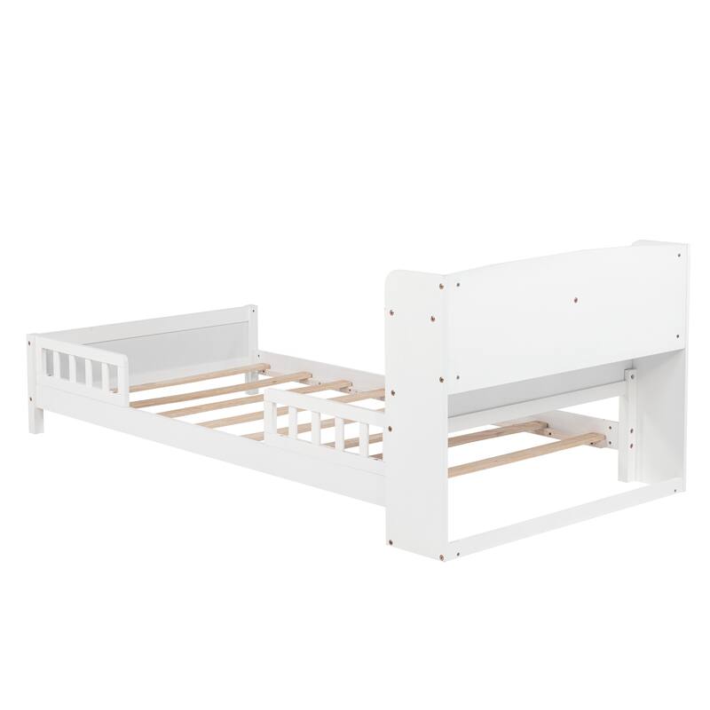 Twin Size Pine Bed w/ Bookcase Headboard ,LED Sensor Light, Guardrails