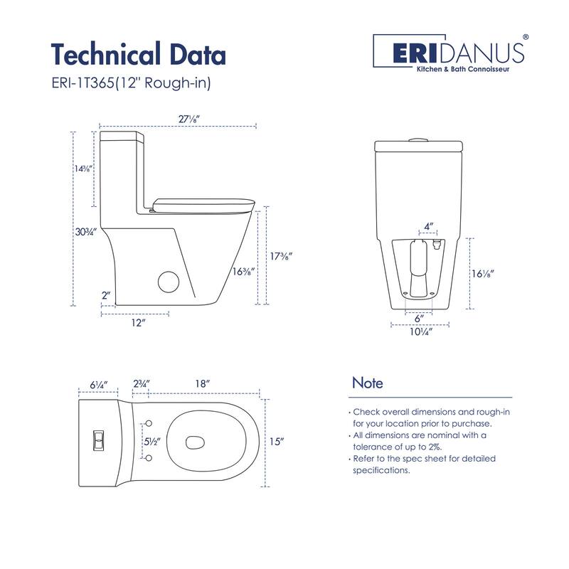 Eridanus Turner Chair Height Elongated One Piece Toilet, Crisp White, Seat Included (12" Rough in) - Compact Elongated
