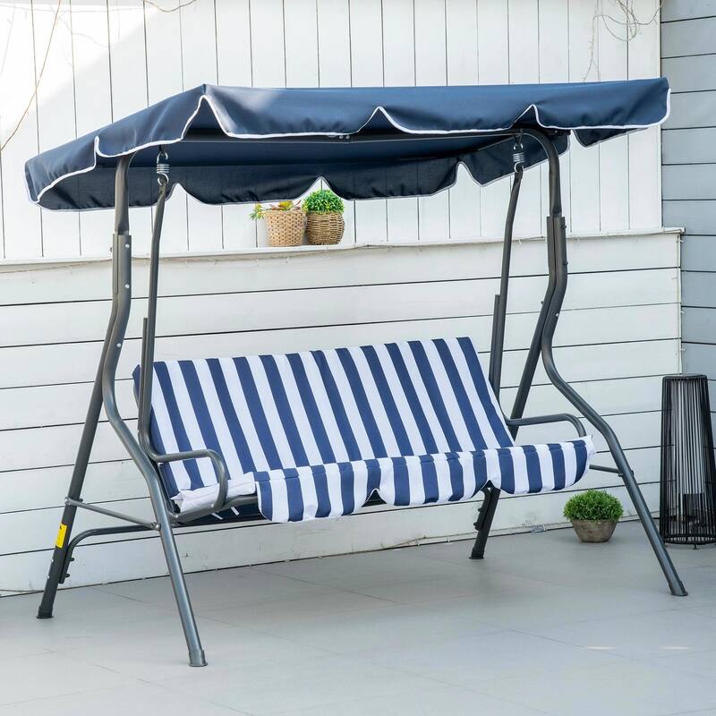 3-Person Patio Swing with Canopy, Steel Frame, Cushions, Armrests - Dark Blue