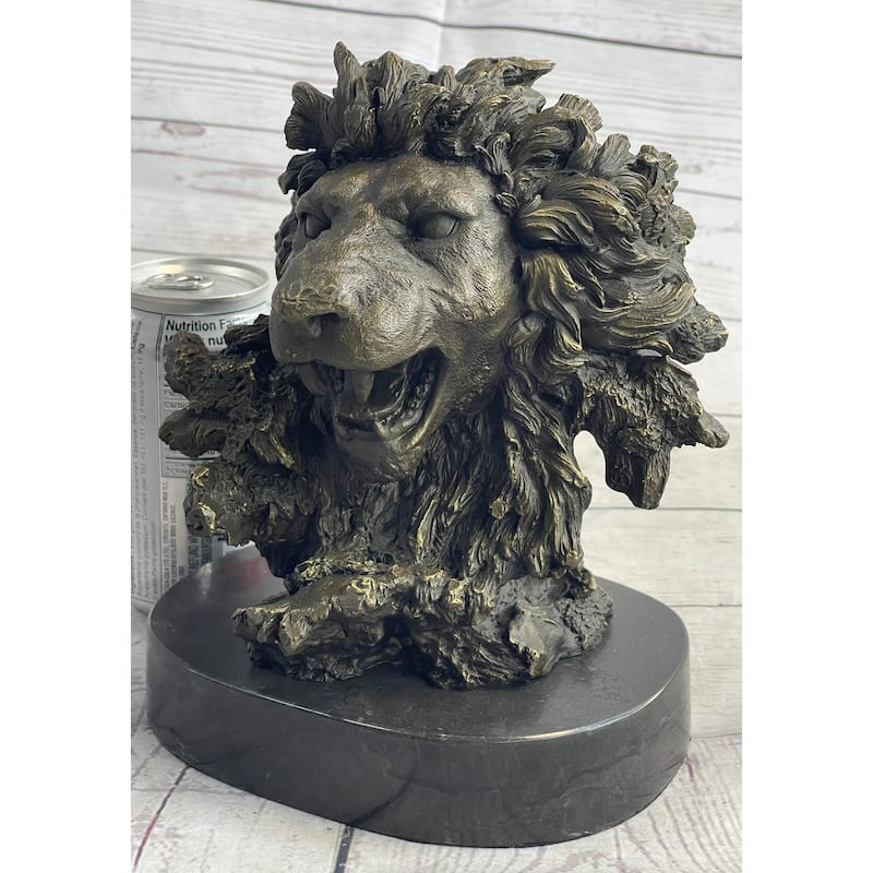 Roaring Imitative Lions Head Imitative Lion Bust Bronze Sculpture Statue Figure Marble Base 9 Inches X 7 Inches