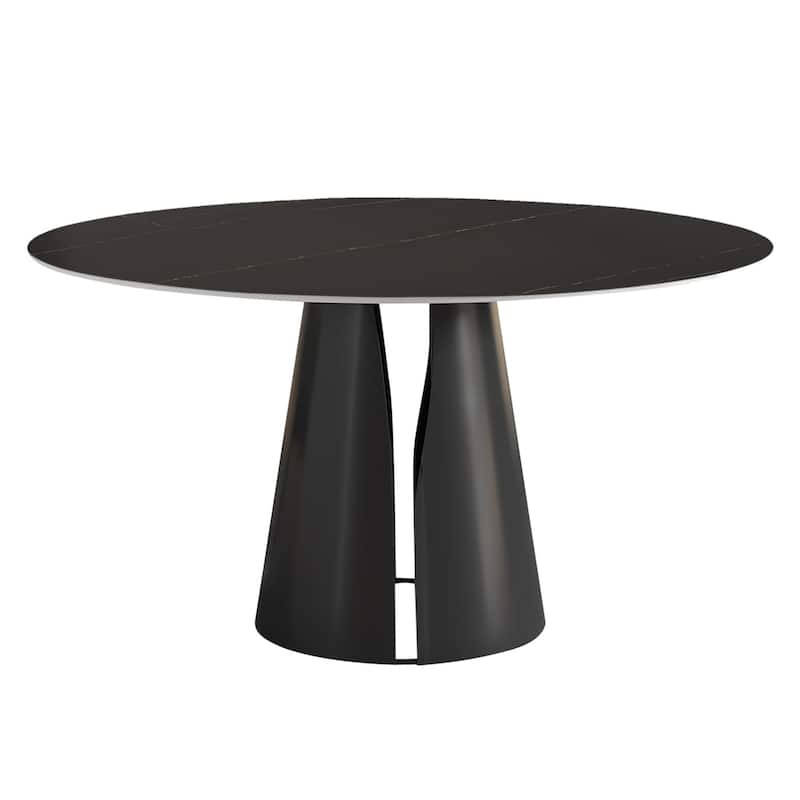 Modern Stone Table Top Carbon Steel Black Pedestal Base Dining Table - 4 Seats - Black
