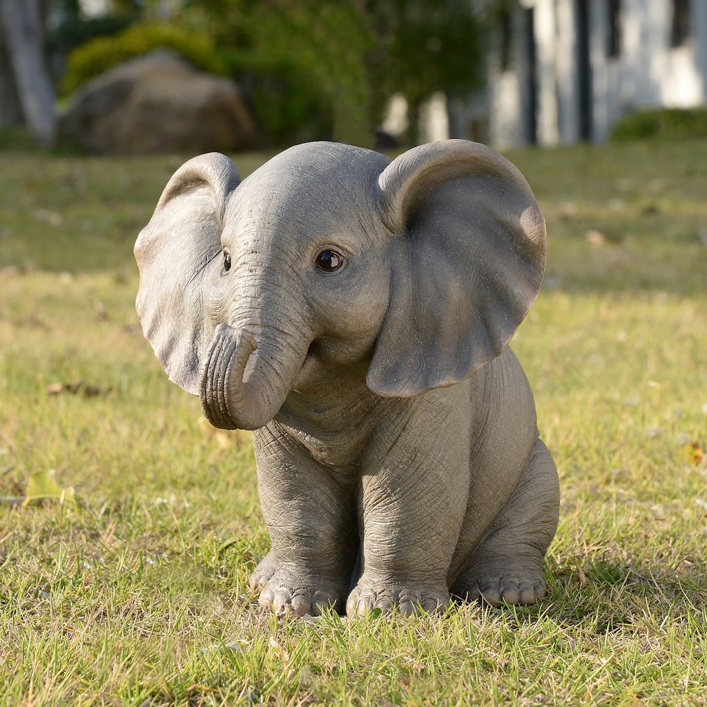 Trunk Up Baby Elephant Outdoor Garden Statue - 8.5"