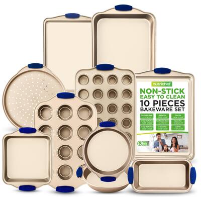 Nonstick Bakeware Set - Premium Carbon Steel Baking Trays w/Heatsafe Silicone Handles, Includes Pizza Crisper, Loaf Pan
