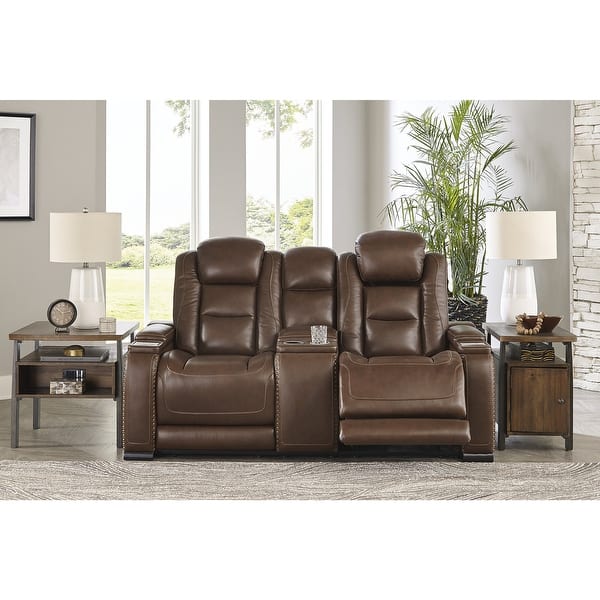 slide 2 of 5, Signature Design by Ashley Man-Den Brown Leather Power Dual Reclining Loveseat Mahogany