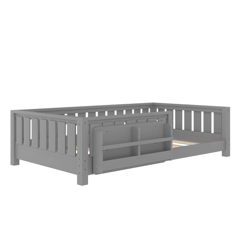 Montessori Floor Bed Low Profile Kids Bed with Rails & Bookshelf
