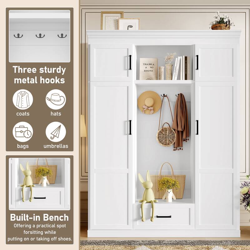 Modern Coat Rack with Bench, 4 Doors, 1 Drawer Adjustable Shelf and 3 Hooks, for Hallway Entryway Living Room
