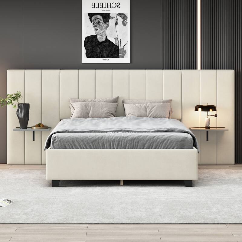 Queen Size Velvet Platform Bed with Large Headboard and Integrated Shelving - Modern and Elegant Bedroom Furniture