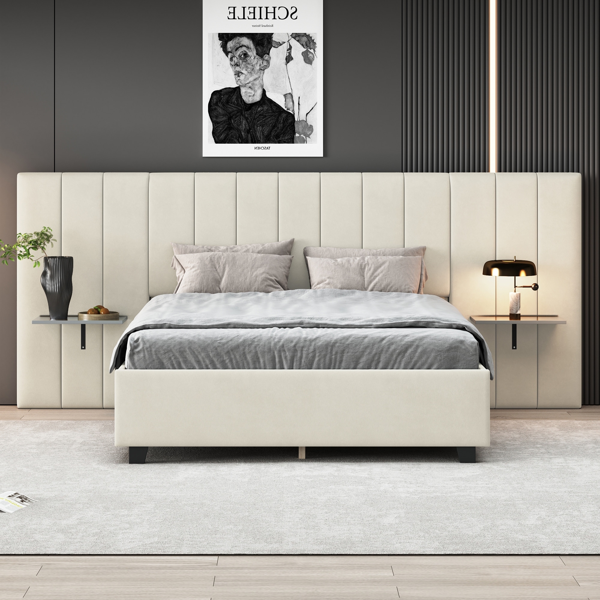 Upholstered Platform Bed with Oversized Headboard and 2 Side Shelves, Comfort & Soft Velvet Bed Frame Vertical Stripes Backerest