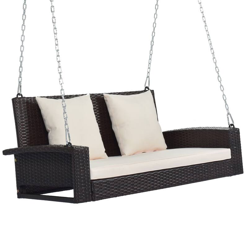 2-Person Wicker Hanging Porch Swing with Chains, Cushion & Pillow