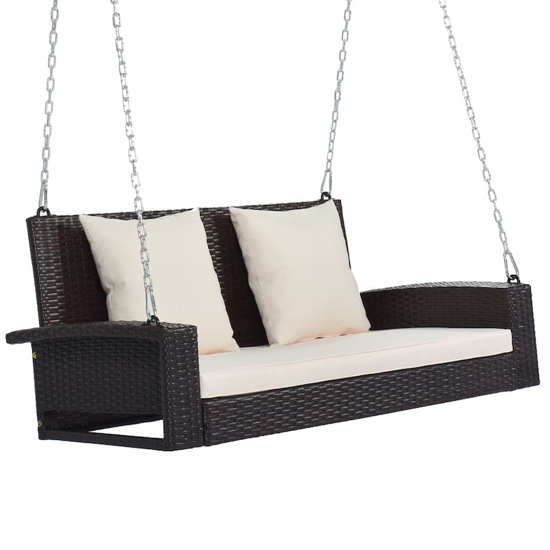 Double Swing Chairs with Cushion Hanging Swing Bench Lounge Rocking Chair Wicker Hanging Basket Chairs for Outdoor Patio