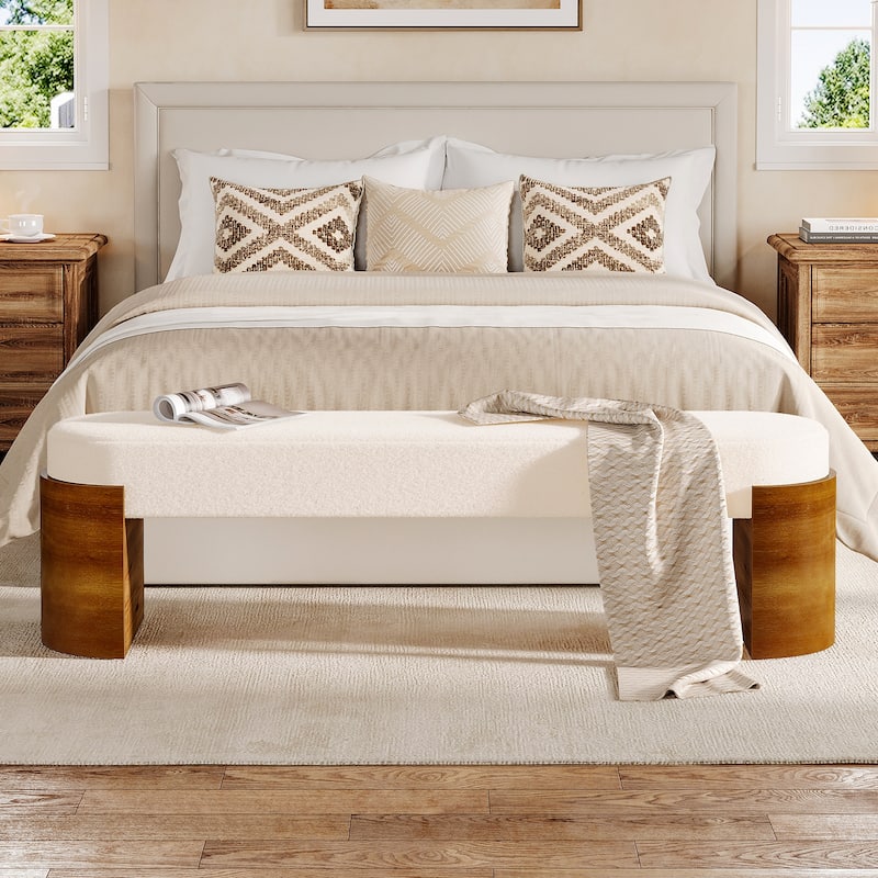 59" Upholstered End of Bed Bench with Faux Lambswool Fabric - White + Brown