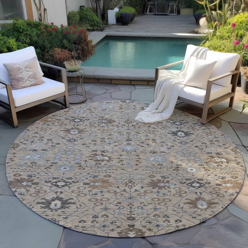 Machine Washable Indoor/ Outdoor Global Traditional Chantille Rug - Taupe - 8' x 8'