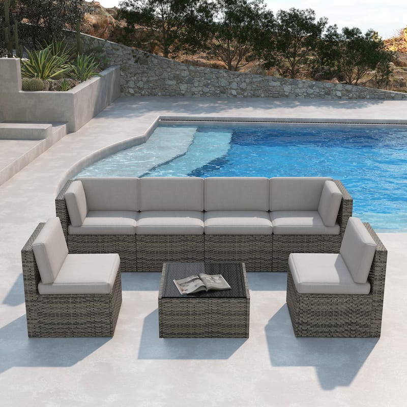 7-Piece Patio Wicker Sets Rattan Sectional Sofa With Cushions - Light Grey