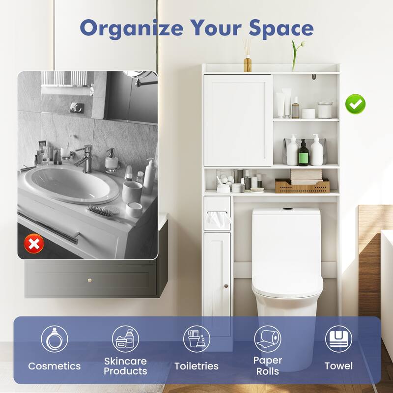 White MDF Over-the-Toilet Storage Cabinet with Sliding Door Adjustable Shelves and Toilet Paper Holder - 32.5" x 10" x 67.5"