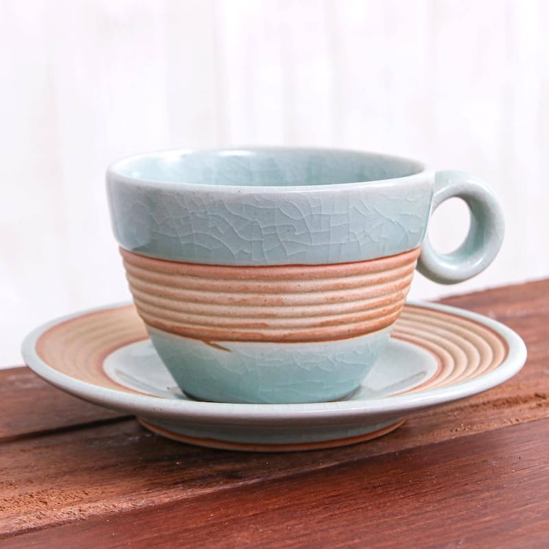Celadon ceramic cup and saucer, 'Aqua Oasis'