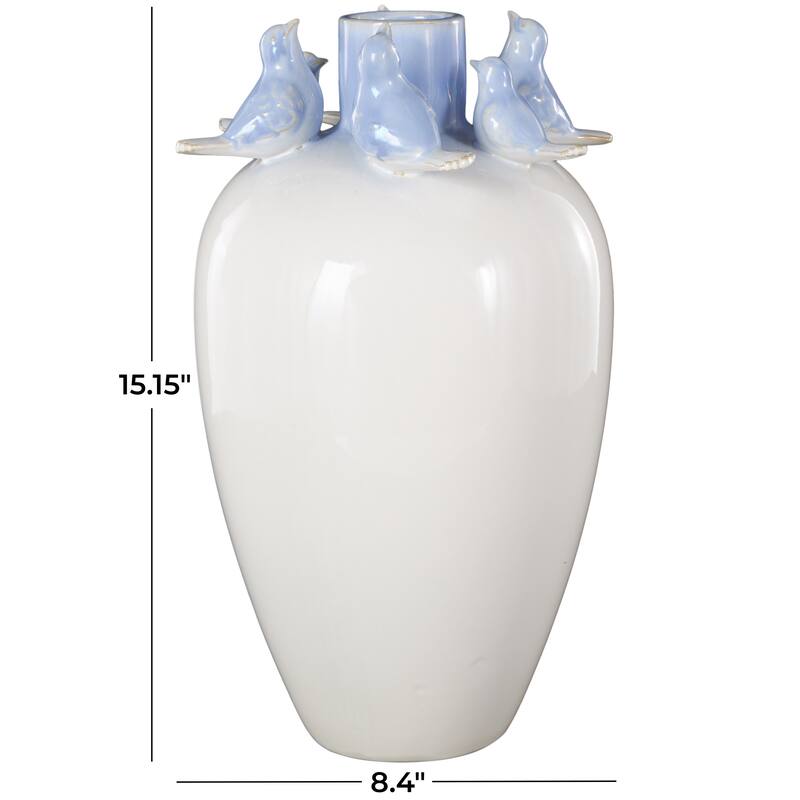 White Ceramic Bird Decorative Vase with Blue Accents