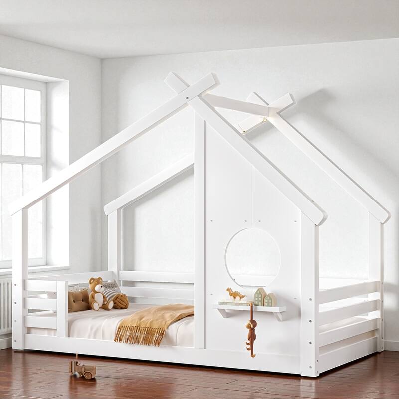 Twin/Full Size Solid Wood House Floor Bed with Window and Shelf, Montessori Low Bed Frame for Kids, No Box Spring Needed
