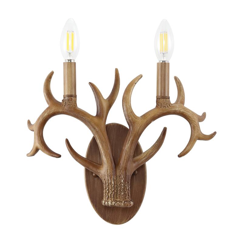 Wyatt 13.25" 2-Light Southwestern Bohemian Resin/Iron Faux Antler LED Sconce, Brown Wood Finish by JONATHAN Y