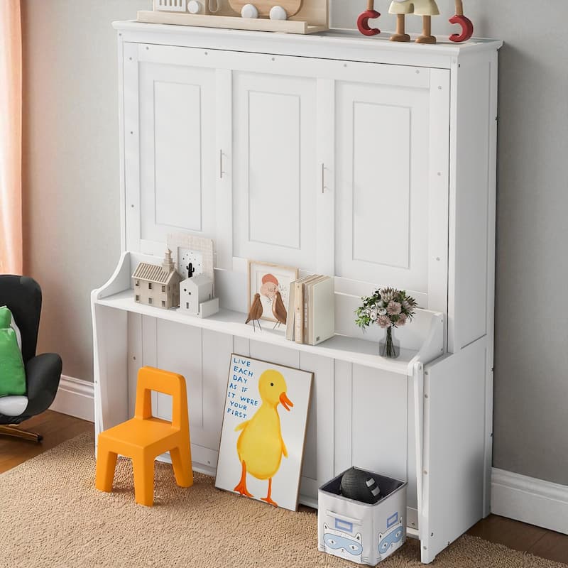 Queen Size Murphy Bed with Shelf, Foldable Wall Bed with Desk, Space-Saving Pine Wood Frame, No Box Spring