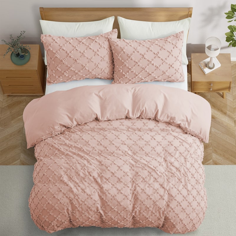 Clipped Jacquard Geometric Duvet Cover & Pillowcase Set - Pink/Cross - Twin