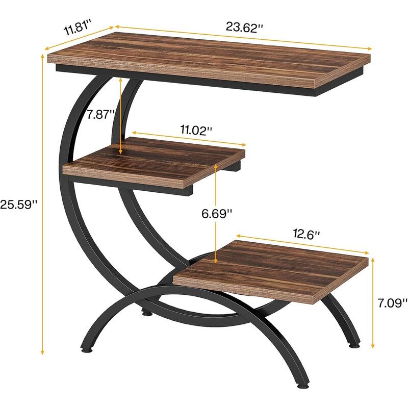 23.62 Inches Brown Wood C-Shaped End Table, 3-Tier Industrial Couch Side Table for Living Room