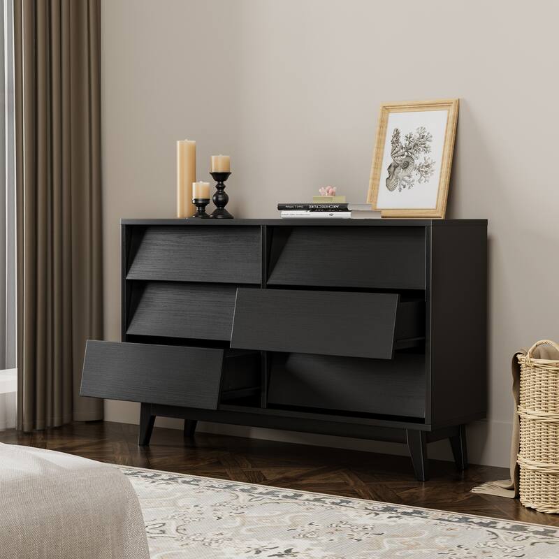 6 Drawer Dresser for Bedroom, Wide Wooden Storage Organizer, Double Dresses with Concealed Drawer Handles, Solid Wood Legs